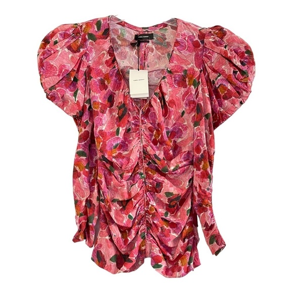 Isabel Marant $945 Floral Puff Sleeve Mirnao Ruched V Neck Top NWT Size 36 US 4 - Picture 7 of 11